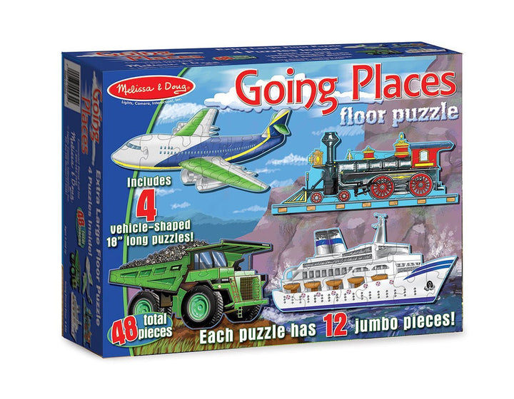 Melissa & Doug Going Places floor puzzle box showing a jet, locomotive, dump truck and cruise ship, 48 pieces